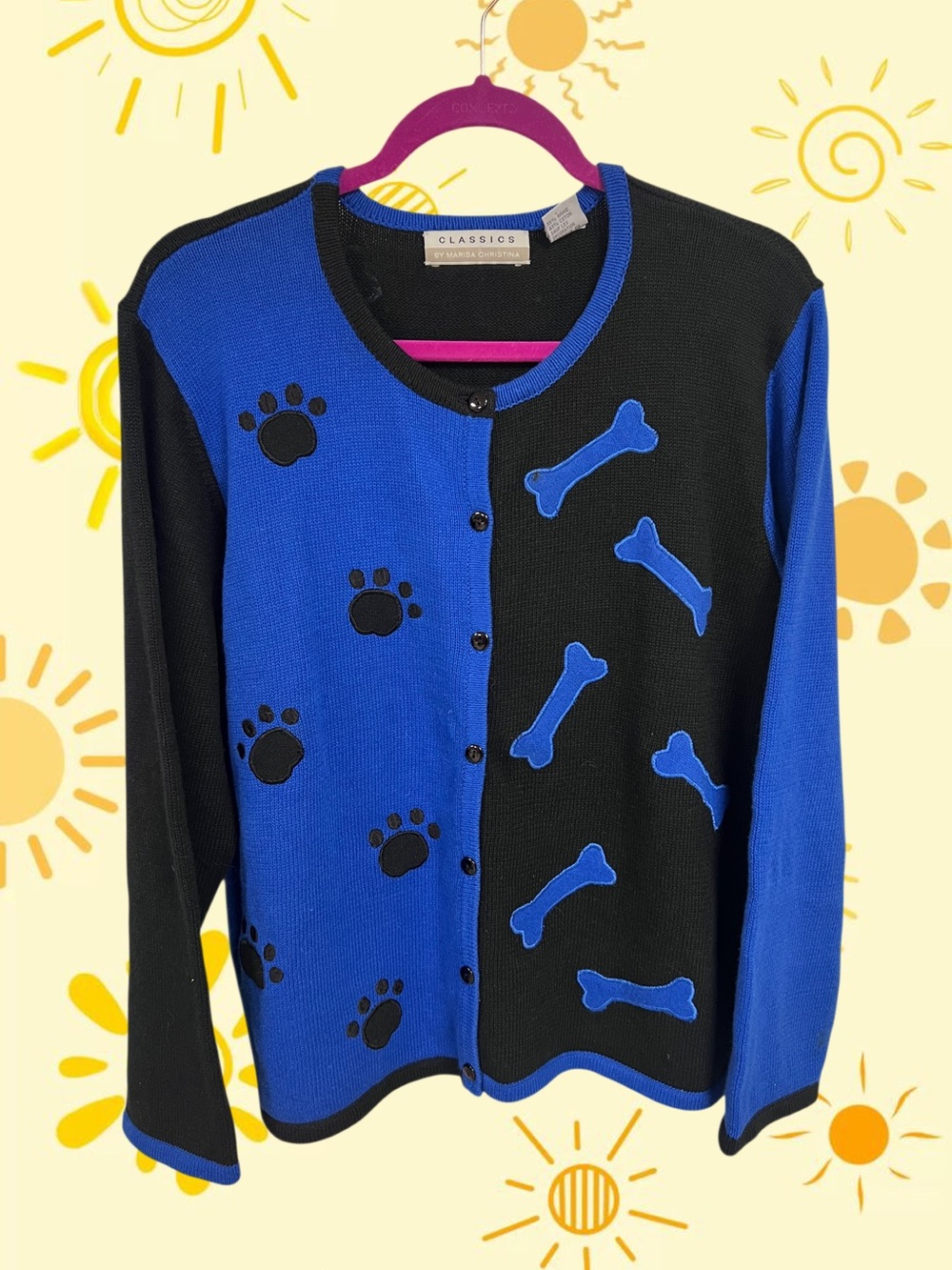 Vintage Classics by Marisa Christina blue and black puppy bones knit button up